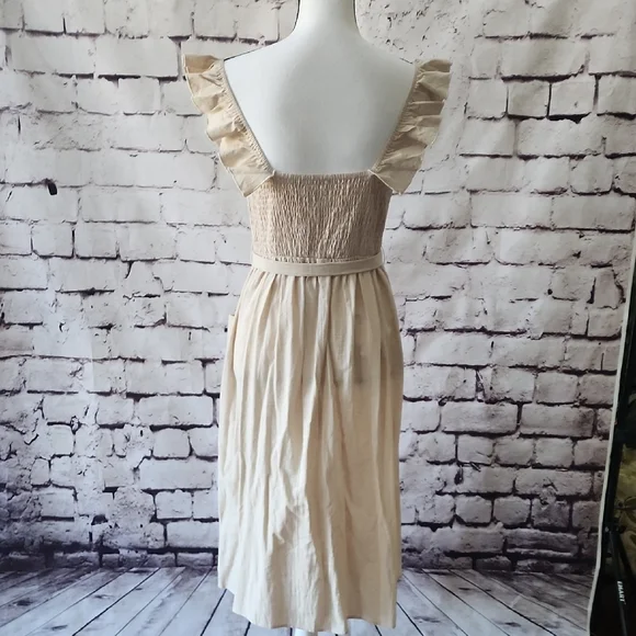 CupShe Beige Smocked Ruffle Midi Dress - Sz S belted dress - EUC! - Picture 3 of 13